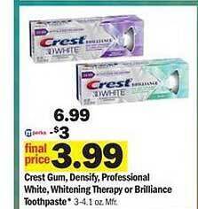 Meijer Crest gum densify professional white whitening therapy or brilliance toothpaste offer
