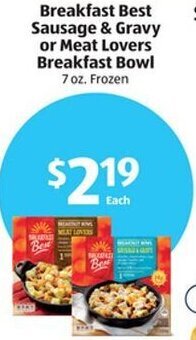 Aldi Breakfast Best Sausage & Gravy or Meat Lovers Breakfast Bowl offer