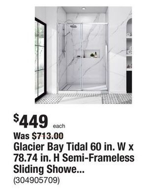The Home Depot Glacier bay tidal 60 in. w x 78.74 in. h semi-frameless sliding shower door in chrome offer