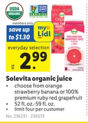 Lidl Solevita organic juice offer
