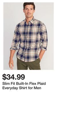 Old Navy Slim fit built-in flex plaid everyday shirt for men offer