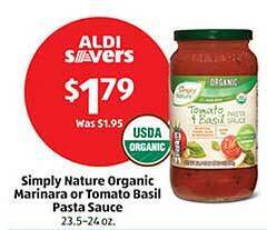 Aldi Simply nature organic marinara or tomato basil pasta sauce offer