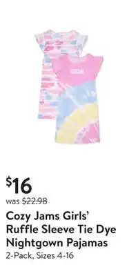 Walmart Cozy jams girls' ruffle sleeve tie dye nightgown pajamas offer