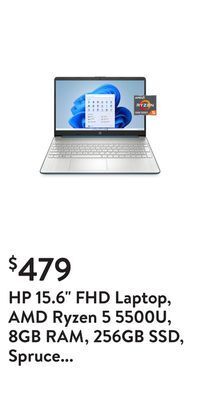 Walmart Hp 15.6" fhd laptop, amd ryzen 5 5500u, 8gb ram, 256gb ssd, spruce blue, windows 11 home, 15-ef2129wm offer