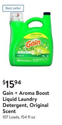 Walmart Gain + aroma boost liquid laundry detergent, original scent offer