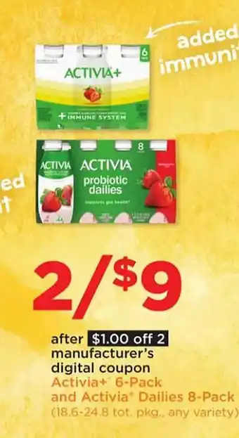 Hy-Vee Activia+ 6-pack and activia daillies 8-pack offer