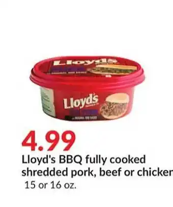 Hy-Vee Lloyd's bbq fully cooked shredded pork beef or chicker offer