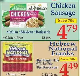 Market Basket Chicken sausage hebrew national franks offer