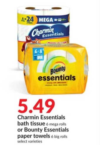 Hy-Vee Charmin essentials bath tissue or bounty essentials paper towels offer