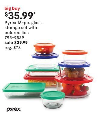 JC Penney Pyrex 18-pc. glass storage set with colored lids offer
