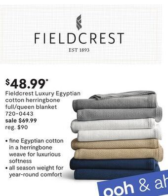 JC Penney Fieldcrest luxury egyptian cotton herringbone full/queen blanket offer