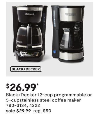 JC Penney Black + decker 12-cup programmable or 5-cupstainless steel coffee maker offer