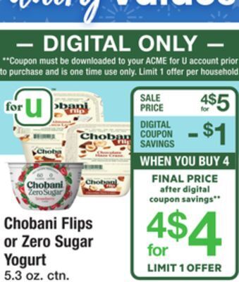 ACME Chobani flips or zero sugar yogurt offer