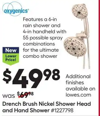 Lowe's Drench brush nickel shower head and hand shower offer