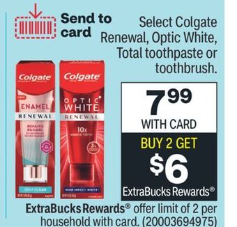 CVS Select colgate renewal, optic white, total toothpaste or toothbrush offer
