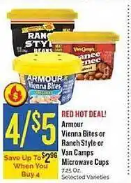 Homeland Market Armour vienna bites or ranch style or van camps microwave cups offer