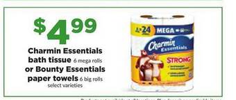 Hy-Vee Charmin essentials bath tissue or bounty essentials paper towels offer