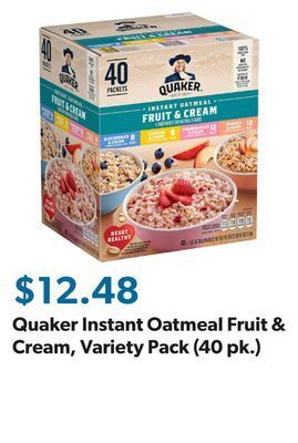 Sam's Club Quaker instant oatmeal fruit & cream, variety pack (40 pk.) offer