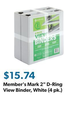 Sam's Club Member's mark 2" d-ring view binder, white (4 pk.) offer