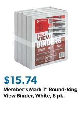 Sam's Club Member's mark 1" round-ring view binder, white, 8 pk. offer