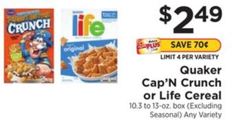 ShopRite Cap'n crunch or life cereal offer