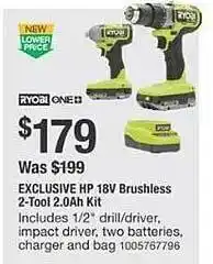The Home Depot Hp 18v brushless 2-tool 2.0ah kit ryobi one+ offer