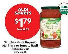 Aldi Simply nature organic marinara or tomato basil pasta sauce offer