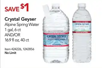Costco Crystal Geyser Alpine Spring Water 1 gal, 6 ct AND/OR 16.9 fl oz, 40ct offer