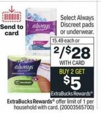 CVS Select always discreet pads or underwear offer