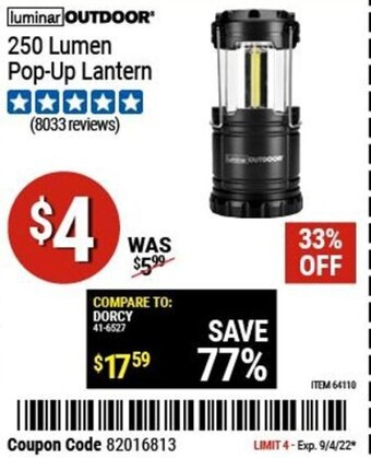 Harbor Freight Tools Luminar Outdoor 250 Lumen Pop-Up Lantern offer