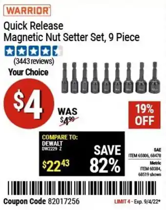 Harbor Freight Tools Warrior Quick Release Magnetic Nut Setter offer