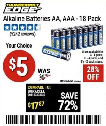 Harbor Freight Tools Thunderbolt Edge Alkaline Batteries AA, AAA -18 Pack offer