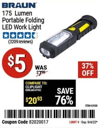 Harbor Freight Tools Braun 175 Lumen Portable Folding Led Work Light offer