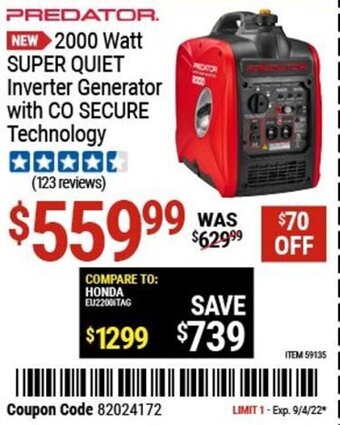 Harbor Freight Tools Predator. 2000 Watt Super Quiet Inverter Generator with CO Secure Technology offer