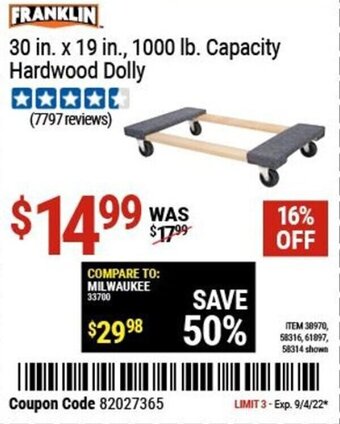 Harbor Freight Tools Franklin. 30 in. x 19 in., 1000 lb. Capacity Hardwood Dolly offer