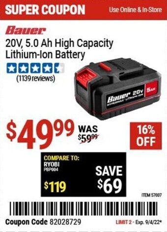 Harbor Freight Tools Bauer 20V, 5.0 Ah High Capacity Lithium-Ion Battery offer