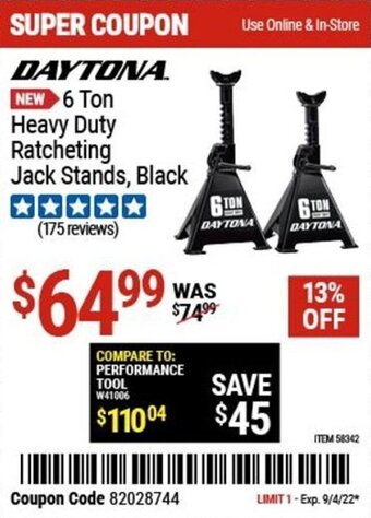 Harbor Freight Tools Daytona 6 Ton Heavy Duty Ratcheting Jack Stands, Black offer