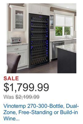 Costco Vinotemp 270-300-bottle, dual-zone, free-standing or build-in wine cooler offer
