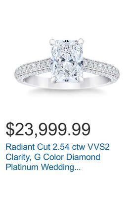 Costco Radiant cut 2.54 ctw vvs2 clarity, g color diamond platinum wedding ring offer