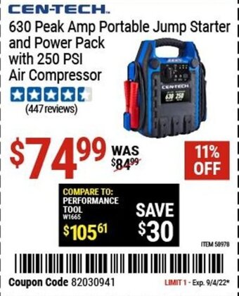 Harbor Freight Tools Cen-Tech. 630 Peak Amp Portable Jump Starter and Power Pack with 250 Psi Air Compressor offer