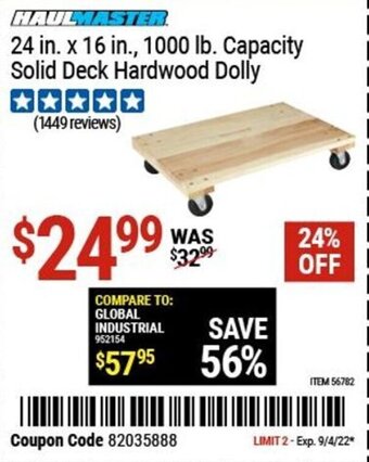 Harbor Freight Tools Haulmaster 24 in. x 16 in., 1000 lb. Capacity Solid Deck Hardwood Dolly offer