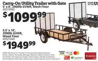 Rural King Carry-on utility trailer with gate or 2990lb gvwr wood floor offer