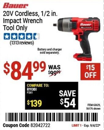 Harbor Freight Tools Bauer 20V Cordless, 1/2 in. Impact Wrench Tool Only offer