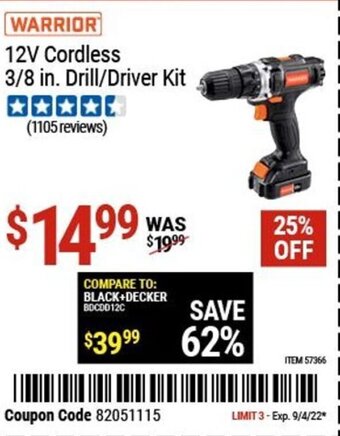 Harbor Freight Tools Warrior 12V Cordless 3/8 in. Drill/Driver Kit offer
