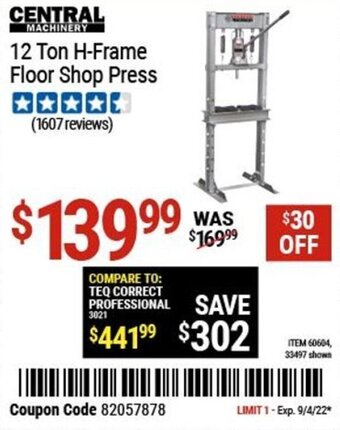 Harbor Freight Tools Central Machinery 12 Ton H-Frame Floor Shop Press offer