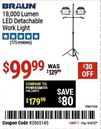 Harbor Freight Tools Braun 18,000 Lumen Led Detachable Work Light offer