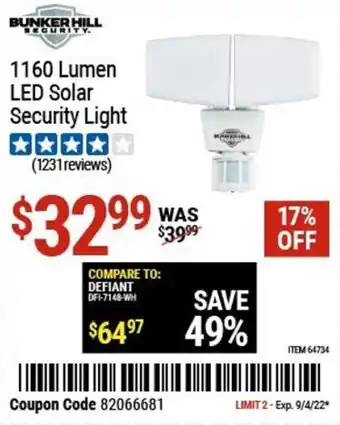 Harbor Freight Tools Bunker Hill Security 1160 Lumen Led Solar Security Light offer