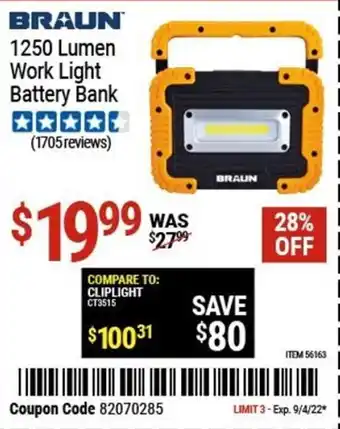 Harbor Freight Tools Braun 1250 Lumen Work Light Battery Bank offer