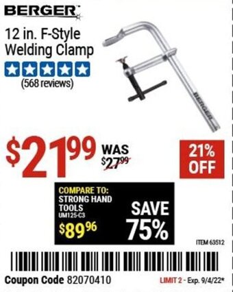Harbor Freight Tools Berger 12 in. F-Style Welding Clamp offer