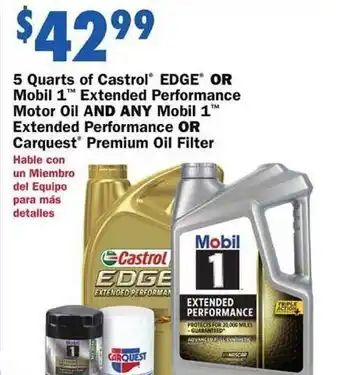 Advance Auto Parts 5 quarts of castrol edge or mobil 1 extended performance motor oil and any mobil 1 extended performance or carquest premium o offer